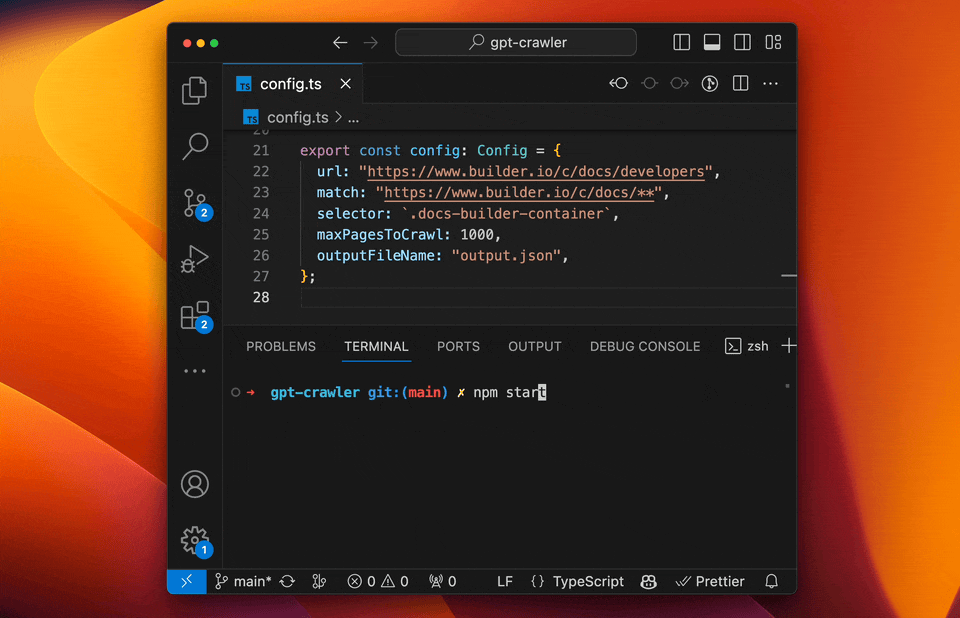 Demo launch of GPT crawler using a basic configuration